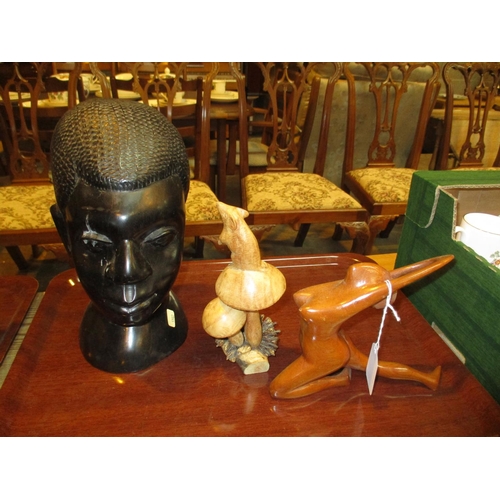 427 - African Carved Hardwood Head and 2 Other Carvings