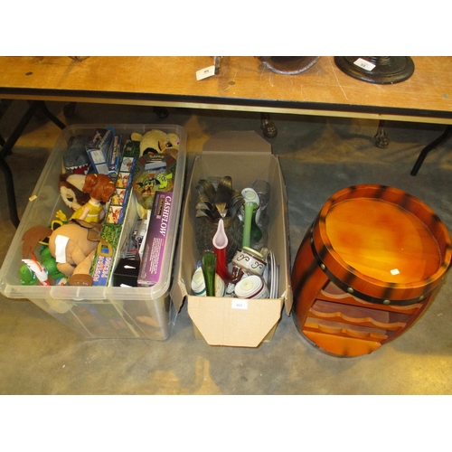 460 - Box of Toys and Games, Bos of Ornamental Items and a Wine Rack