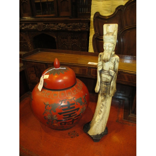 475 - Lacquer Ginger Jar and a Carved Bone Figure