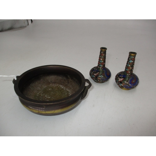 506 - Small Chinese Bronze Censer, 9cm diam., and a Pair of Miniature Cloisonne Vases