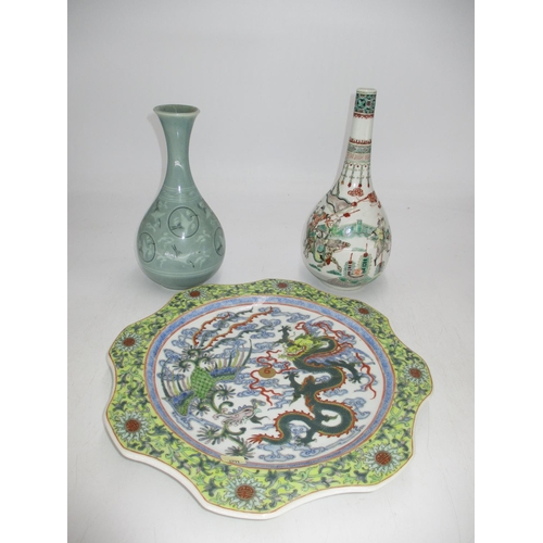 519 - Two Chinese Bottle Neck Vases and a Dish