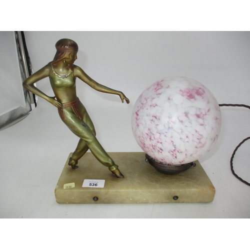 536 - Art Deco Table Lamp, Painted Metal Lady on a Marble Base and with Original Globe Shade