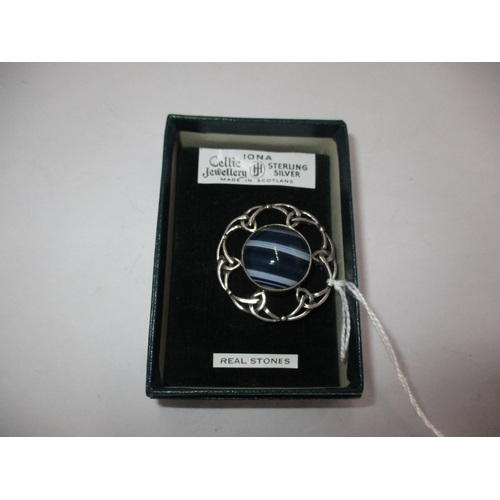 613 - John Hart Silver and Banded Agate Celtic Pattern Brooch in Original Iona Shop Box