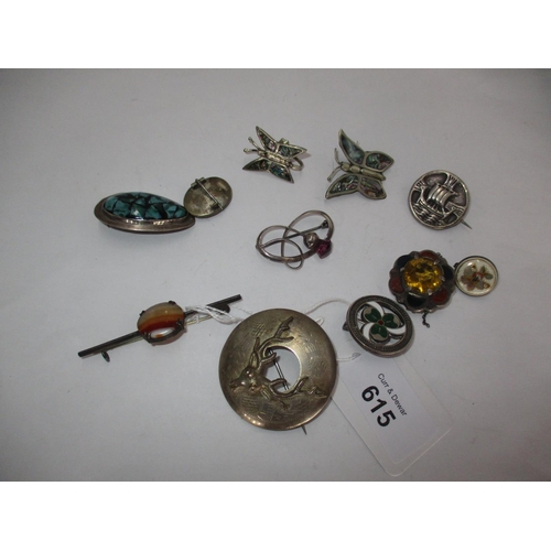 615 - Scottish Silver and Polished Pebble Brooch, Other Silver Brooches etc