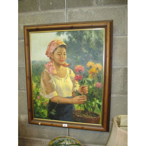 666 - Oil Painting of a Woman with Flowers, 72x57cm