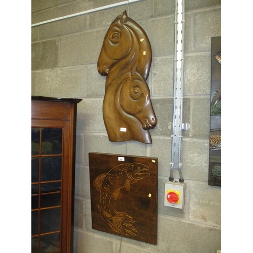 669 - Carved Wood Horse Head Plaque and a Fish Carved Panel