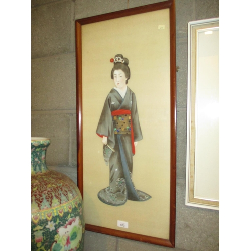 672 - Japanese Painting on Silk of a Geisha, 72x31cm