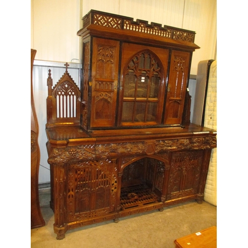 682 - Large Victorian Gothic Carved Oak Cabinet, having Carved and Inlaid Religious Scene Panels and Drawe... 