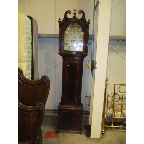 684 - John Lundie Dundee Inlaid Mahogany 8 Day Longcase Clock having a Painted Arch Top Dial