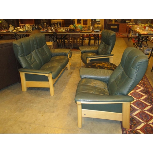 Ekornes Stressless Green Leather and Wood 3 Piece Lounge Suite with a Footstool
