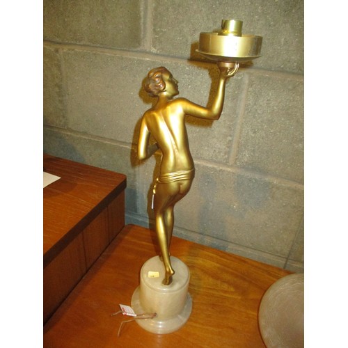 348 - Art Deco Gilded Metal Figurine Table Lamp on an Onyx Base and with a Crackle Glass Shade, total heig... 