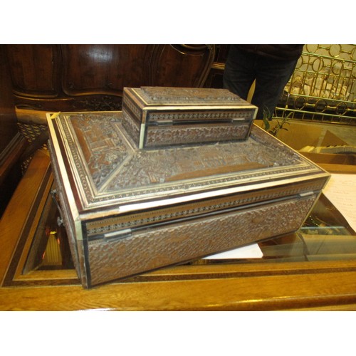 476 - Eastern Ornamental Carved Teak Writing/Work Box