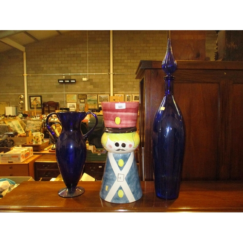 323 - Italian Pottery Novelty Biscuit Box, Blue Glass Vase and Bottle