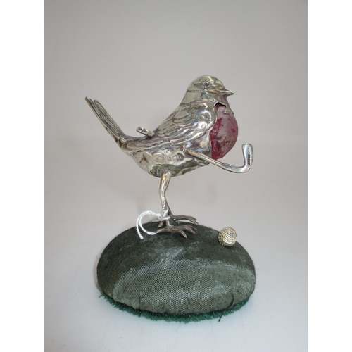 385 - Levi and Salaman Silver Pin Cushion Modelled as a Robin with Golf Club and Ball, Birmingham 1908