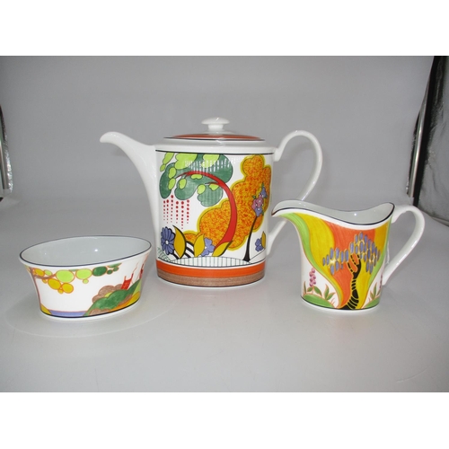 386 - Wedwood Clarice Cliff Cornwall Coffee Pot, Windbells Cream Jug and Secrets Sugar Bowl