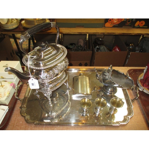 88 - Silver Plated Presentation Tray, Tea Kettle, Hip Flask, Sugar Scuttle and 3 Small Cups