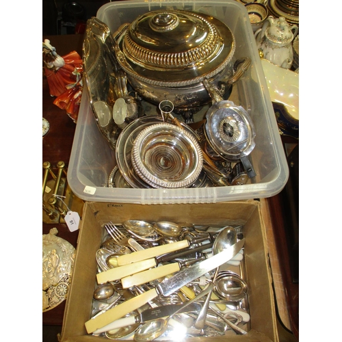 92 - Box with Victorian Silver Plated Soup Tureen, Other Plated Items and Cutlery