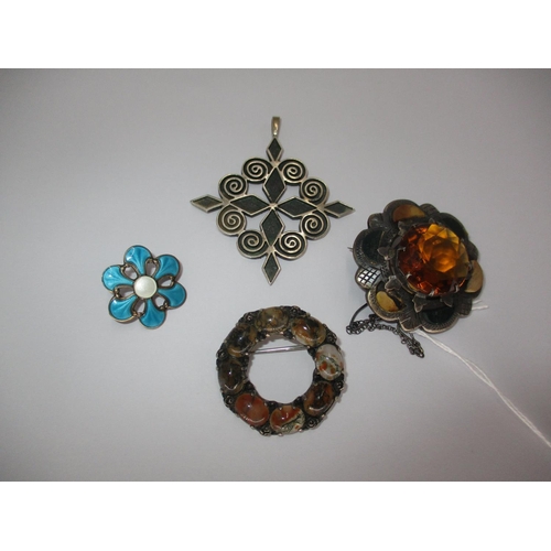 423 - Norman Grant Silver Pendant, Enamelled Brooch and 2 Stone Set Brooches