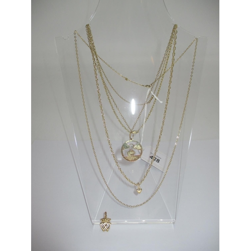 428 - Three 9ct Gold Necklaces and Crowned Heart Pendant and a 14K Gold Pendant, 13.5g total