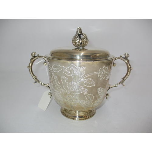 Silver 2 Handle Trophy Cup with Cover Ornately Decorated with Vines and Birds, Chester 1912, Maker GN.RH, 708g