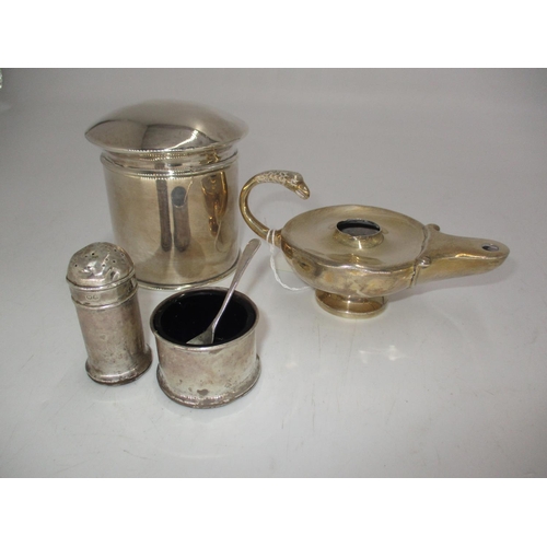 507 - Silver Crueset Oil Lamp, Chester 1913, Silver Cigarette Box and 2 Silver Condiments, 256g total