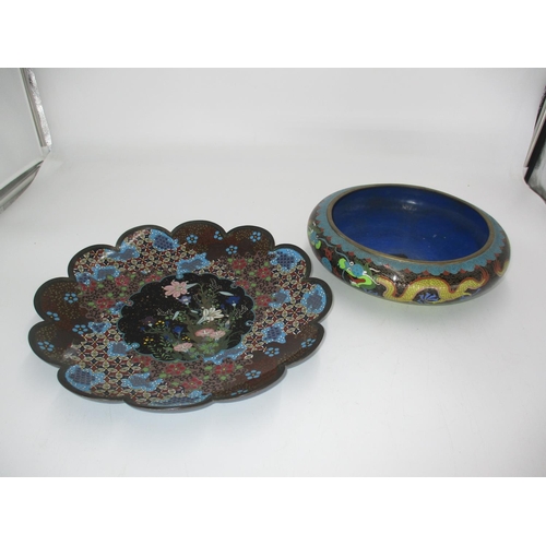 516 - Cloisonné Enamel Scalloped Border Plaque, 30.5cm, and a Shallow Bowl, 25cm