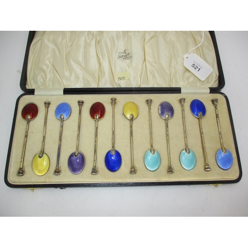 Cased Set of 12 Silver Gilt and Enamel Coffee Spoons, Birmingham 1930, Maker S. Ld