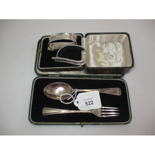 522 - Cased Pair of Silver Napkin Rings, London 1941, Maker W & W, 74g, a Silver Spoon and Plated Fork