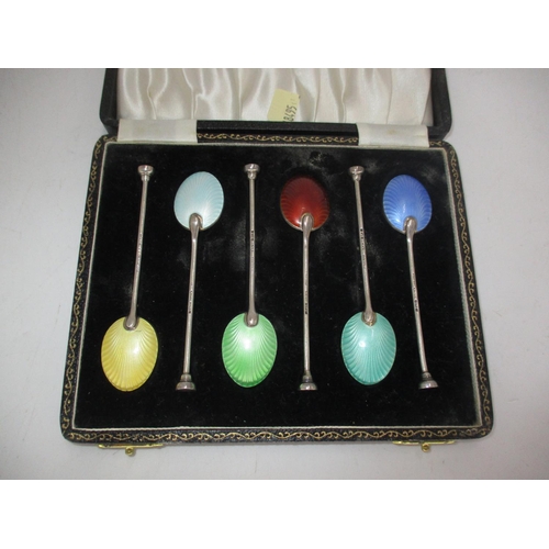 526 - Cased Set of 6 Silver and Enamel Coffee Spoons, Birmingham 1926, Maker HCD