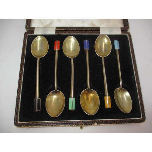 527 - Cased Set of Silver Gilt and Enamel Coffee Spoons, Birmingham 1948, Maker Walker & Hall