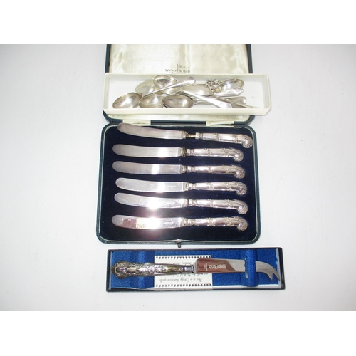 528 - Cased Set of 6 Silver Handle Tea Knives, Silver Handle Cheese Knife and Various Silver Spoons