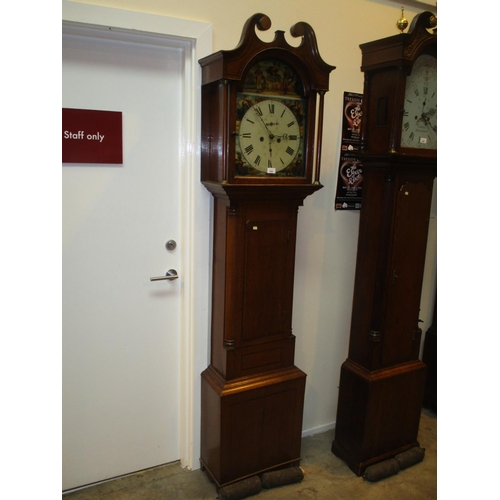 644 - William Nevay  Forfar Oak 8 Day Longcase Clock having a Painted Dial Depicting 4 Continents