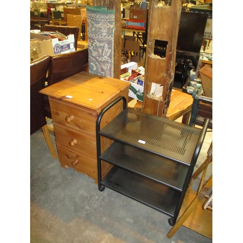 681 - Pine Bedside Chest, Rug and a Metal Trolley