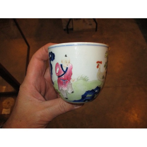 357 - Chinese Porcelain Boy and Chicken Cup, 7cm, with a wooden stand