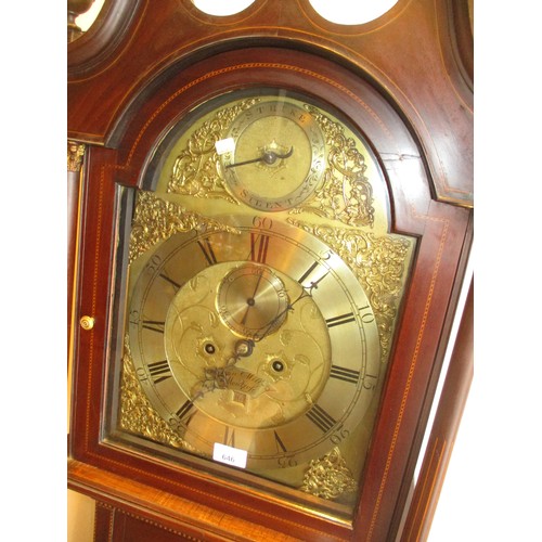 646 - John Mills Montrose Inlaid Mahogany 8 Day Longcase Clock having a Brass Arch Top Dial