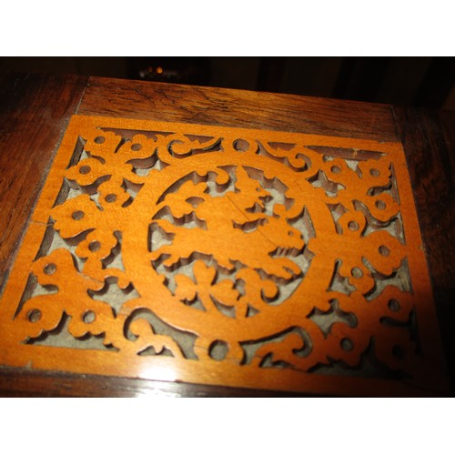 515 - 19th Century Rosewood and Fretwork Carved Panel Writing Slope and Stationery Box