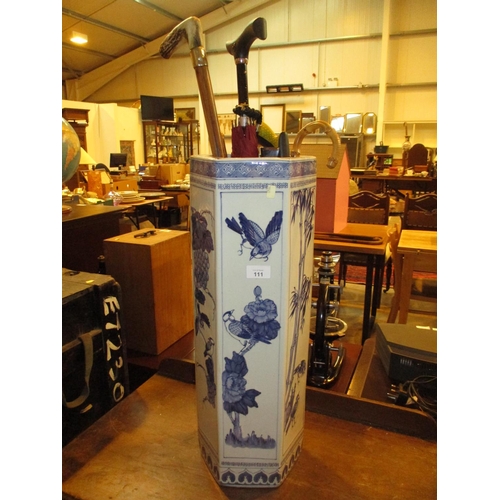 111 - Chinese Porcelain Stick Stand with Umbrellas and Walking Stick