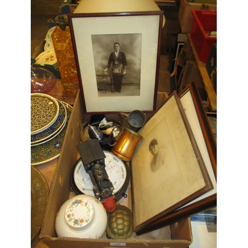 64 - Box with Barometer, Glass Bowl, Model Train, Masonic Photo etc