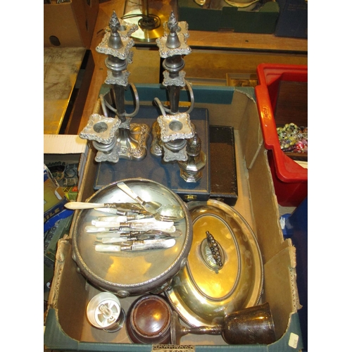 68 - Silver Sugar Caster, Pair of Silver Plated Candelabra, Entrée Dish, Cased Cutlery etc