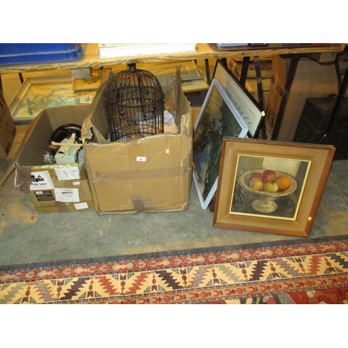 88 - Two Boxes with Bird Cage, Scales, Decorative Items, Pictures etc