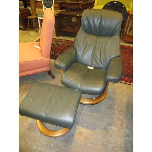 513 - Lazboy Green Leather Chair with Stool