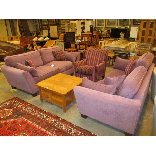 519 - Pair of Modern Purple Loose Cushion Settees and Matching Accent Chair