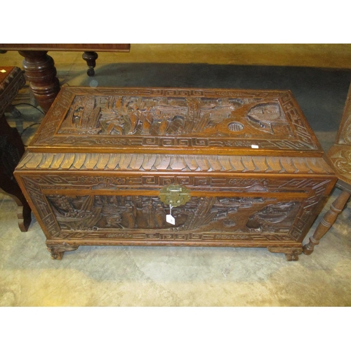 548 - Chinese Ornately Carved Wood Trunk, with Padlock and Key, 94x45cm