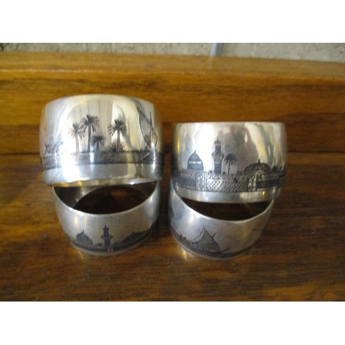 369 - Set of 10 White Metal and Niello Napkin Rings and 2 Condiments all Decorated with Egyptian Scenes, 2... 