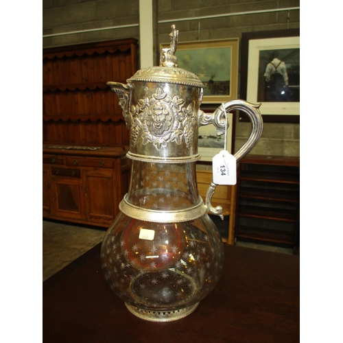 134 - Large Silver Plate and Star Cut Glass Water Jug, 40cm