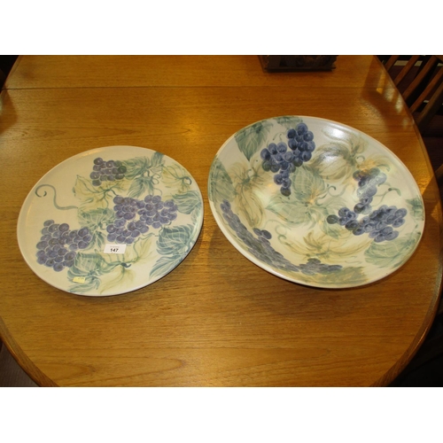 147 - Grape Decorated Pottery Bowl and Plate, 37 and 35cm