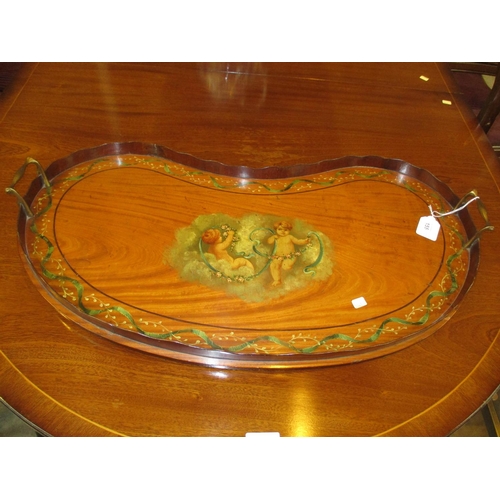 155 - Edwardian Mahogany and Satinwood Kidney Shape Gallery Tray Painted with Putti in Clouds