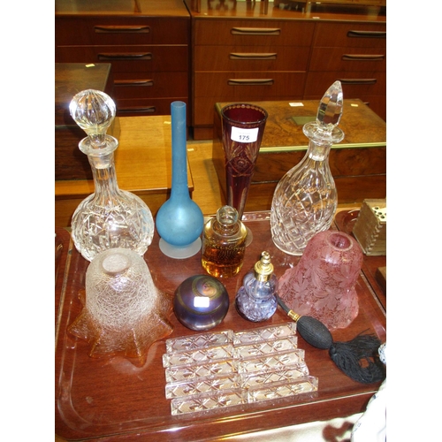 175 - Two Glass Frilled Shades, 2 Crystal Decanters and Other Glasswares