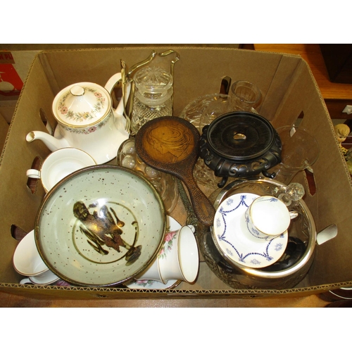 179 - Box with Studio Pottery Bowl, Art Nouveau Hand Mirror, Crystal, China etc