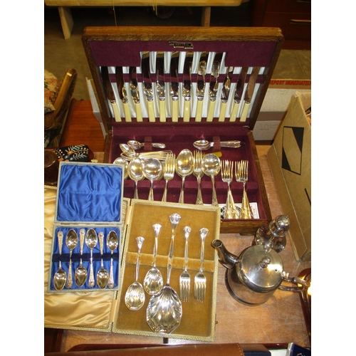 183 - Oak Canteen of Silver Plated Cutlery, 2 Cases of Spoons, Teapot and Sugar Caster